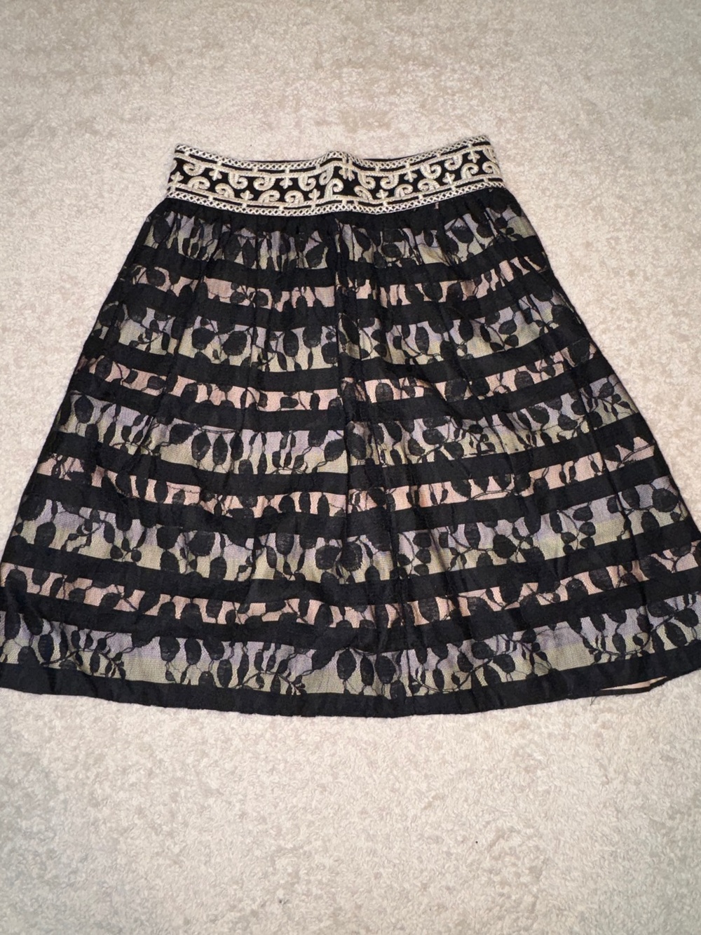 Floreat by Anthropologie Black Lace A-Line Skirt w/ Cream Embroidered Waistband